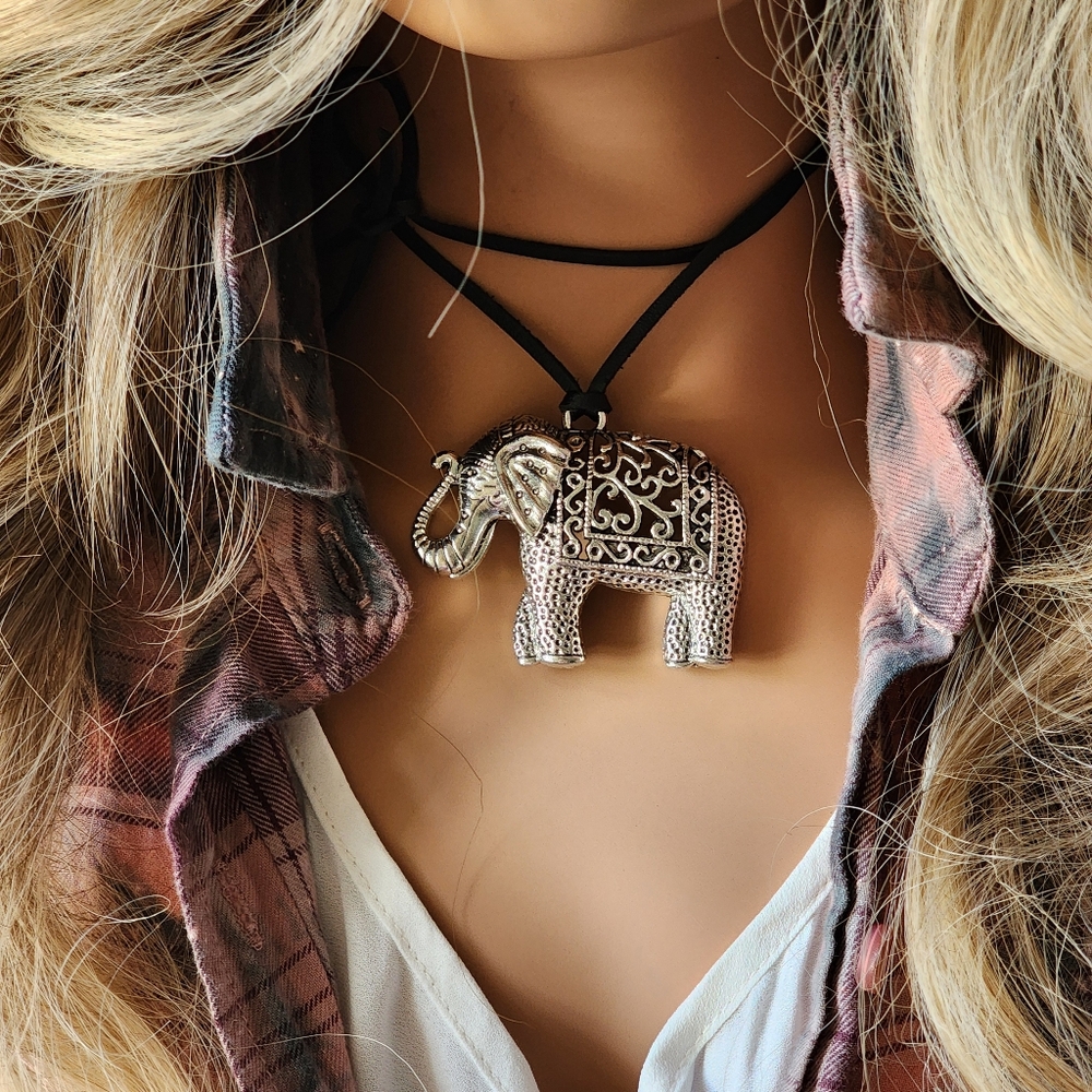 Anthro Jewel Elephant Large Pendant Boho Ethnic SILVER CHUNKY Pendant